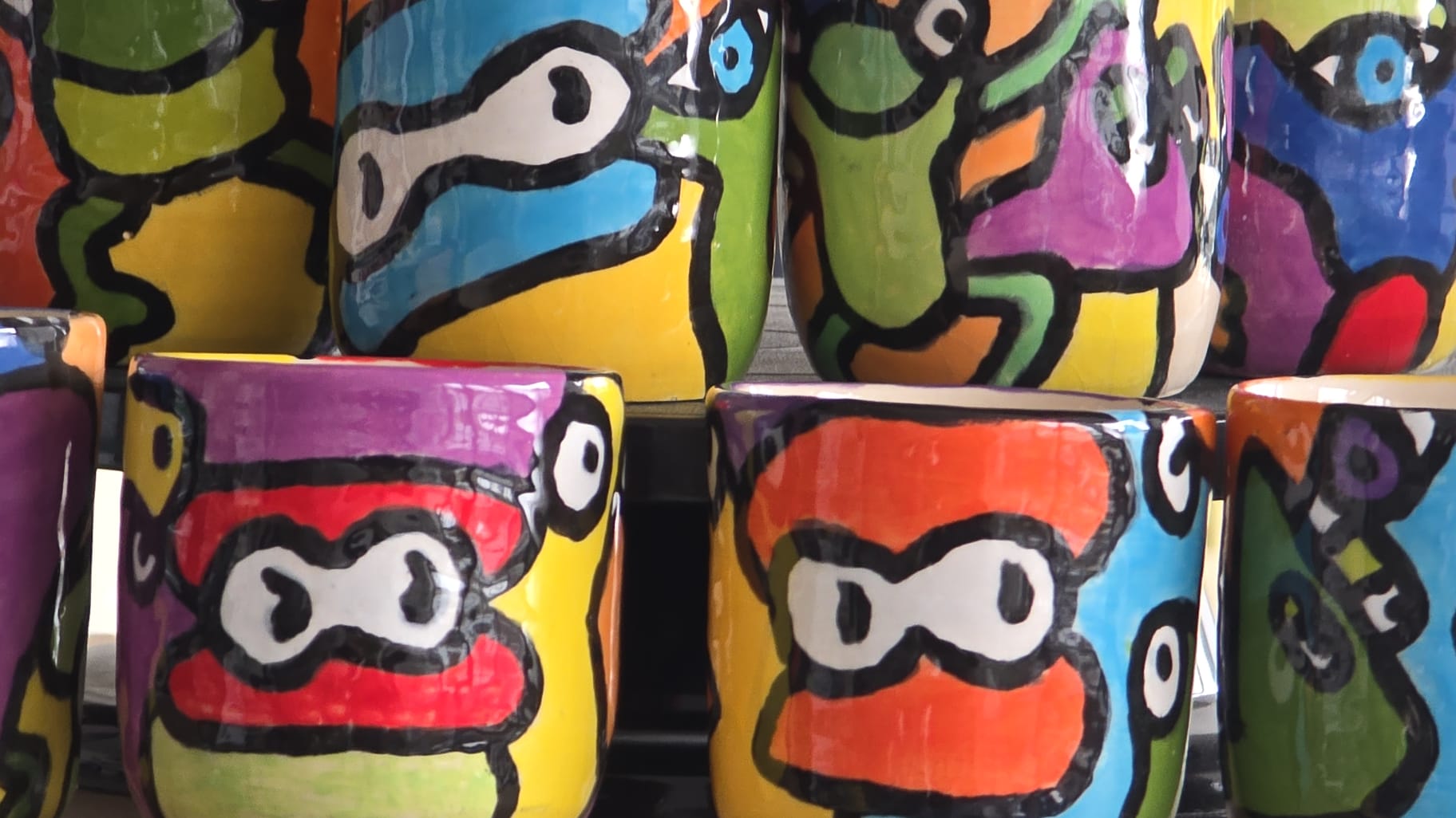 Colorful hand-painted ninja character ceramic mugs